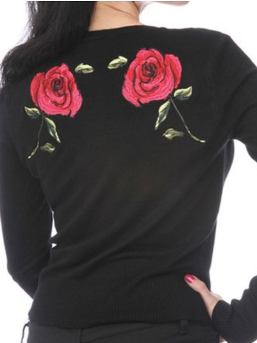 Voodoo Vixen Embroidered Rose Pinup Girl Button Front Cardigan M Black